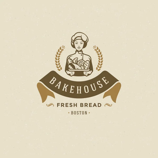 Bakery badge or label retro vector illustration. Baker woman holding basket with bread silhouette for bakehouse. — Stock Vector