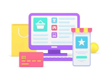 Bilgisayarlı bir alışveriş sitesi ve 3d ödenen ürünler için akıllı telefon.