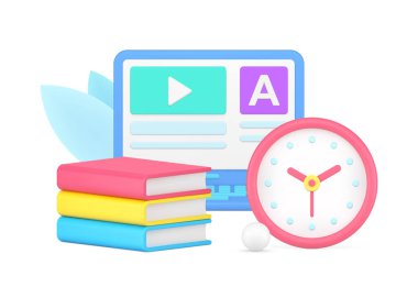 Laptop video ders kullanıcı arayüzü ve ders kitabı 3d ikon vektörü yığınıyla çevrimiçi eğitim