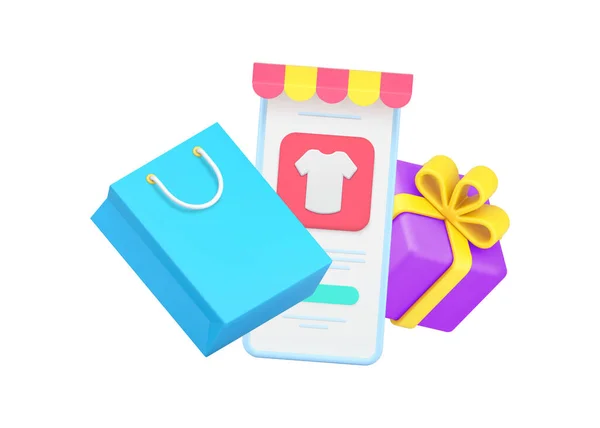 Escolhendo bens loja on-line aplicativo do site do smartphone toldo saco de compras e caixa de presente ícone 3d —  Vetores de Stock