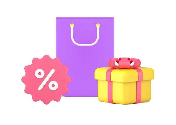Szezonális eladás kedvezményes papír bevásárló táska és ünnepi ajándék doboz 3d ikon izometrikus vektor illusztráció — Stock Vector
