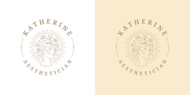 Çiçekli dekoru amblem tasarımlı güzel kadın portresi.