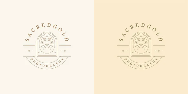 Beleza mágica retrato feminino logotipo emblema design modelo vetor ilustração em estilo de arte de linha mínima — Vetor de Stock