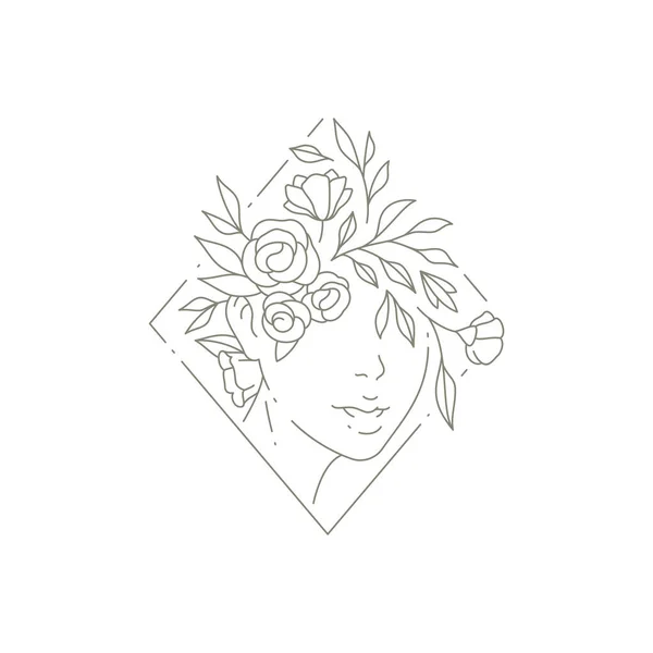Cara romántica de mujer con flor botánica en la cabeza en rombo marco icono vector ilustración — Vector de stock