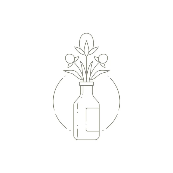 Elegante natuurlijke narcis boeket knoppen, bloemblaadje en steel in fles vaas op cirkel met de hand getekend frame — Stockvector