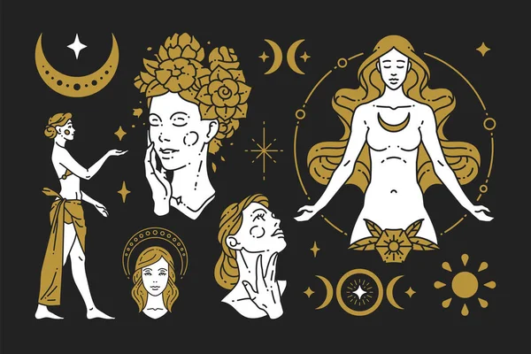 Obra de arte simple de oro y negro logo conjunto mujer antigua diosa con elementos decorativos esotéricos — Archivo Imágenes Vectoriales