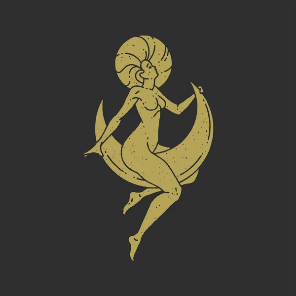 Чарівна гола жінка верхи летять на півмісяця в нічний декоративний грандж текстури вектор — стоковий вектор