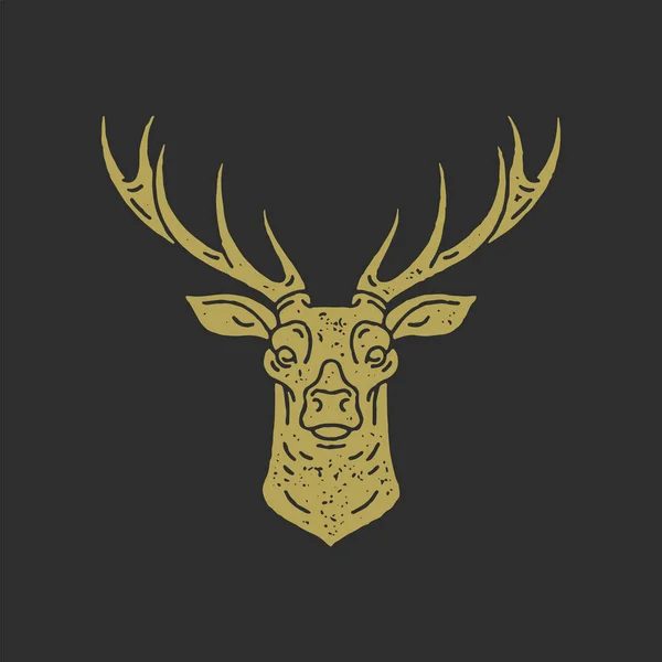 Antigua cabeza de ciervo dibujado a mano con cuernos grunge decoración textura contorno vector ilustración — Vector de stock