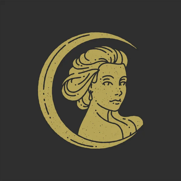 Minimalistische antike Logo mystische Frau in Halbmond dekoratives Design goldenen Grunge Textur Vektor — Stockvektor