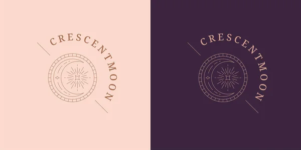 Lua mágica crescente e estrela logotipo emblema design modelo vetor ilustração no estilo de arte de linha mínima. Vetor De Stock