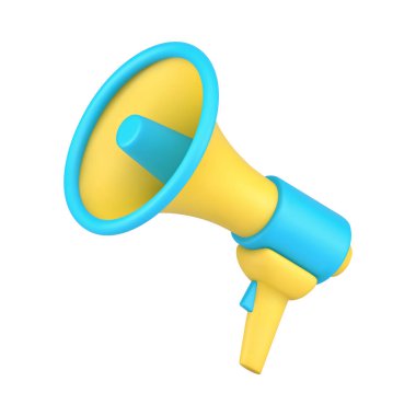 Parlak sarı megafon hoparlör ikonu 3d izometrik vektör çizimi. Yüksek sesli konuşma, duyuru, pazarlama satışı sembolü sesli konuşma iletişimi için elektronik ses donanımı