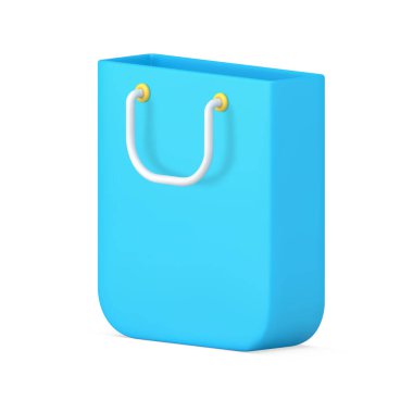 Mavi kağıt alışveriş torbası 3d ikon izometrik vektör çizimi. Mendil saplı karton paketleri izole et. Kullanıcı kimliği, dekoratif tasarım için boş kimlik şirketini damgaladı