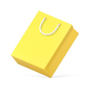 3 boyutlu ikon vektör illüstrasyonlu sarı alışveriş çantası paketi. Rahat mal alımı için kırmızı karton paket ya da izole edilmiş hediye. Alışveriş, satış, indirim.