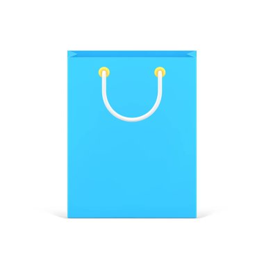 Isometric kağıt alışveriş çantası ön görünüm 3d ikon vektör illüstrasyonu. Mavi şenlik paketinde tatil hediyesi ya da satın alınan mallar var. İndirim, indirim, online dağıtım siparişi.