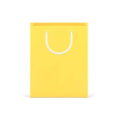 3 boyutlu ikon vektör illüstrasyonlu sarı alışveriş çantası paketi. Rahat mal alımı için kırmızı karton paket ya da izole edilmiş hediye. Alışveriş, satış, indirim.