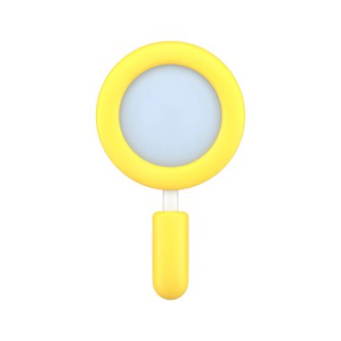 Sarı büyüteç izometrik ikon 3D vektör çizimi. Yakınlaştırma incelemesi için büyüteç, optik araştırma, bilim araştırması ve beyazda izole edilmiş analiz. Keşif sembolü, keşfet