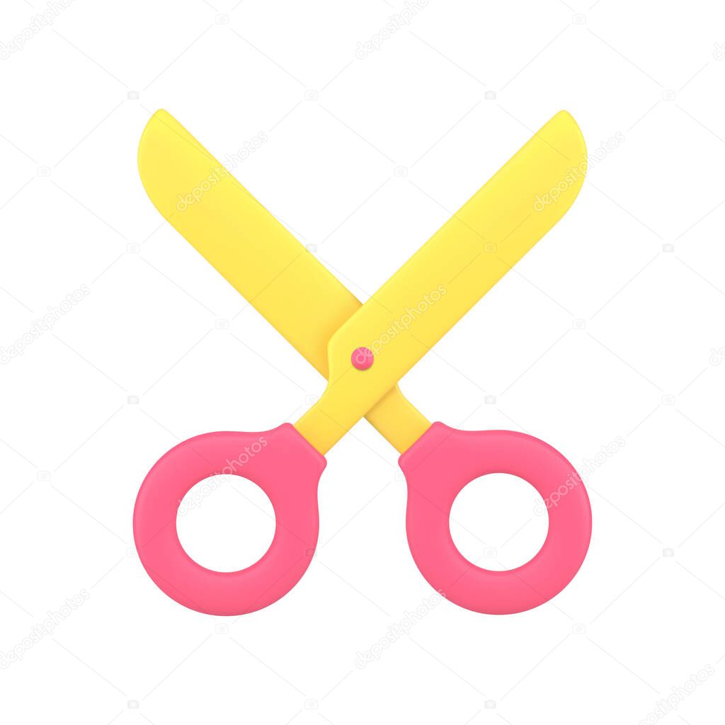 Red scissors with yellow sharp blade 3d icon vector illustration. Cutting symbol of barbershop, hairdressing salon, grooming and hairstyling isolated. Stylist accessory for chopping or slicing