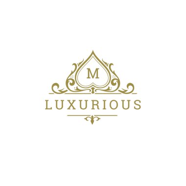 Lüks logo arması şablon tasarım vektör çizimi. Kraliyet marka vignette süslemeleri.