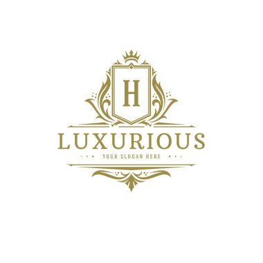 Lüks logo arması şablon tasarım vektör çizimi. Kraliyet marka vignette süslemeleri.