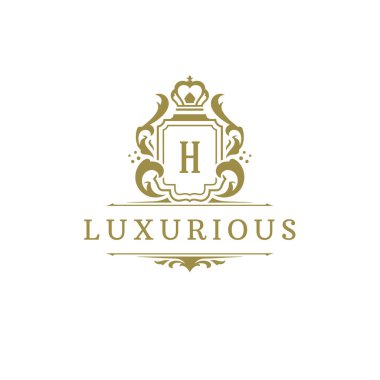 Lüks logo arması şablon tasarım vektör çizimi. Kraliyet marka vignette süslemeleri.