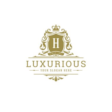 Lüks logo arması şablon tasarım vektör çizimi. Kraliyet marka vignette süslemeleri.