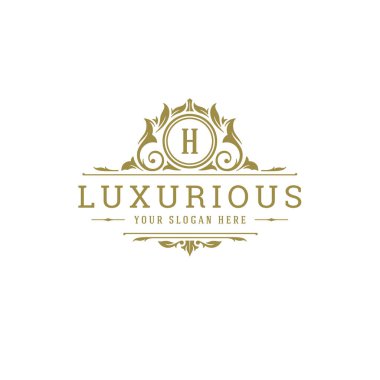 Lüks logo arması şablon tasarım vektör çizimi. Kraliyet marka vignette süslemeleri.