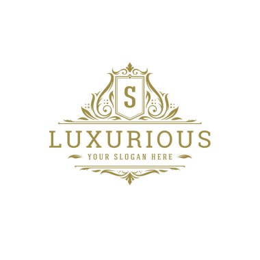 Lüks logo arması şablon tasarım vektör çizimi. Kraliyet marka vignette süslemeleri.