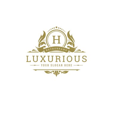 Lüks logo arması şablon tasarım vektör çizimi. Kraliyet marka vignette süslemeleri.