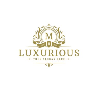 Lüks logo arması şablon tasarım vektör çizimi. Kraliyet marka vignette süslemeleri.