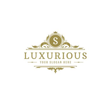 Lüks logo arması şablon tasarım vektör çizimi. Kraliyet marka vignette süslemeleri.