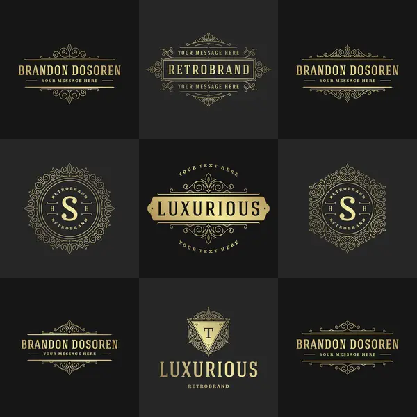 Antika logolar ve monogramlar zarif, zarif sanat süsleri Viktorya tarzı vektör şablonu tasarımını belirler. Lüks arma kraliyet kraliyet arması için klasik kaligrafi, restoran.