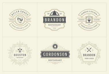 Restoran logoları, vektör illüstrasyonunu menü etiketleri ve kafe rozetleri için iyi ayarlar. Klasik tipografi dekorasyonu tasarım elementleri ve sembolleri.