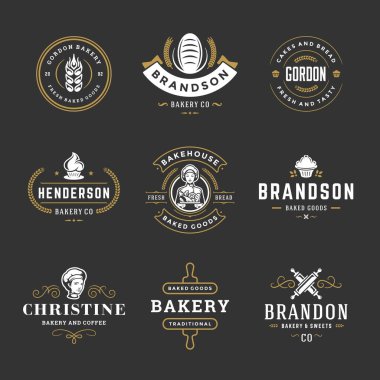 Fırın logoları ve rozetleri tasarım şablonları vektör illüstrasyonunu ayarlar. Pastane ve kafe amblemleri için iyi. Retro tipografi ögeleri ve siluetler.