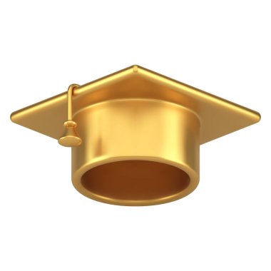 Mezuniyet kapağı metalik parlak gerçekçi 3d ikon vektör illüstrasyonu. Lise üniversitesi, püsküllü şapkalı tam izometrik element. En iyi eğitim sembolü dekoratif tasarım