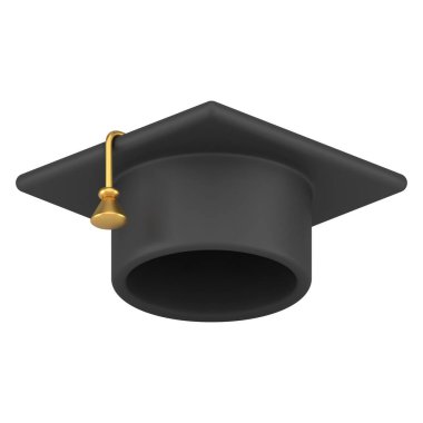 Klasik siyah mezuniyet şapkası, sarı püskül 3d şablon çizimi. Gerçekçi diploma eğitim sembolü lise tamamen izole. Üniversite öğrencisi üniforması dekoratif tasarımı
