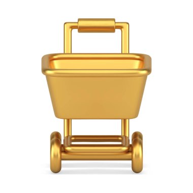 Altın metalik hipermarket, market alışveriş arabası mobil uygulaması gerçekçi 3D ön görüş vektör çizimi. Süpermarket tramvayı mal satın alma servisi taşıyor. El arabası taşımacılığı