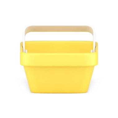 İzometrik vektör illüstrasyonu satın alan gerçekçi 3D ikon sarı parlak alışveriş arabası market ürünleri. Plastik süpermarket ürünleri indirimli satış indirimi dijital mağaza dağıtım hizmeti ekliyor