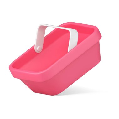 Çapraz olarak değiştirilmiş gerçekçi 3D ikon vektör illüstrasyonlu parlak pembe alışveriş sepeti. Pazarlama, market satışları, indirimli mallar, perakende ürünler. Çevrimiçi gıda mağazası