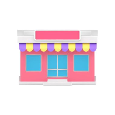Pembe sokak tente mağazası yerel mağaza binası dış gerçekçi 3D ikon vektör illüstrasyonu. Perakende mağazası süpermarketi ticari mimari ön cephe görüntüsü. Şehir marketi.