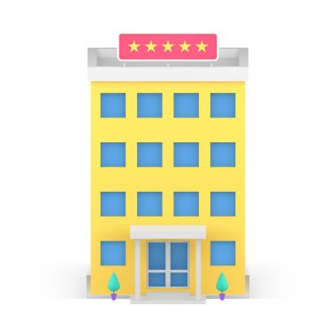 Çok katlı otel binası. Beş yıldızlı tabela. Gerçekçi 3D ikon izometrik vektör çizimi. Şehir caddesi müşteri hizmetlerini yaşamak ve seyahat etmek için kullanıyor. Tatil için şehir mimarisi