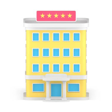 Giriş sütunları ve pencereleri 3d ikon vektör illüstrasyonlu ön manzara çok katlı otel binası cephesi. Beş yıldızlı konforlu yaşam için lüks tatil beldesi turistik servisi