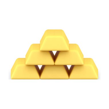 Altın külçe hazine zenginliği yatırım tasarrufu 3d gerçekçi vektör illüstrasyonu. Üçgen yığın mali ekonomi servet altın külçeler mücevher bankacılık ön görünüm