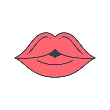 Tutkulu pembe kadın dudakları, havalı tarz tişört baskısı dekoratif tasarım vektörü düz çizim. Seksi kadın, beyaz ağızlı, pop sanatının klasik elementi. Güzellik kozmetik parlak makyaj