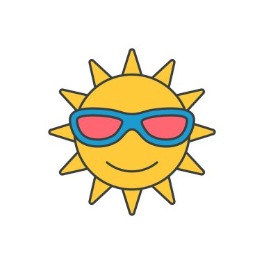 Güneş gözlüklü moda sarı güneş karakteri pop sanat tarzı tişört baskı vektörü düz çizim. Parlak, güneşli, güler yüzlü, yaratıcı, sıcak yaz tatili, harika elementler.