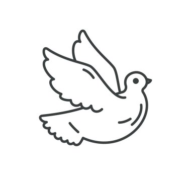 Minimalist uçan beyaz güvercin çizgisi vektör illüstrasyonunu oluşturdu. Uçan kanatlı güvercin aşkın sembolü özgürlük ruhani barış gömleğin desenli dekoratif tasarımı. Kuş hayvan karakteri silueti