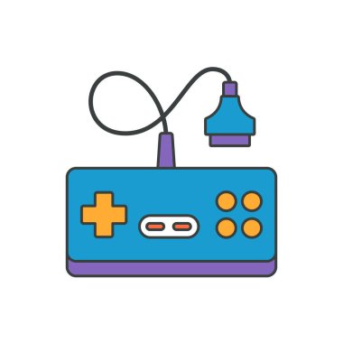 Telli ve düğmeli klasik video oyun konsolu pop sanat dekoratif tasarım vektör çizimi çizimi. Retro oyun sahası elektronik oyuncağı eğlence tişörtü baskısı izole edildi