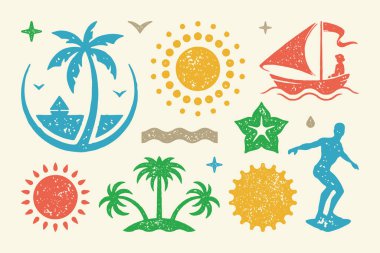 Yaz sembolleri ve nesneler vektör illüstrasyonunu ayarlar. Parlak güneş ve kadın silueti. Gemide çiçek açıp el sallayan bir sörfçü var. Yıldızların ve damlaların sembolleri. Vektör düz resimleme