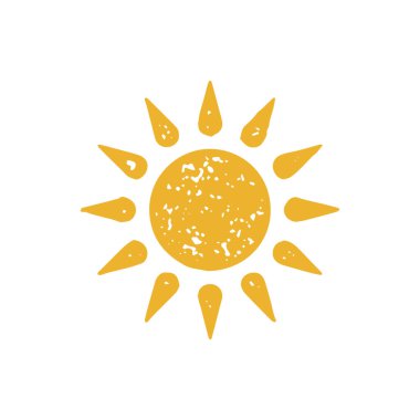 Parlak sarı yuvarlak güneş, tek renkli ışınlar basit grunge desen vektör çizimi. Ilık yaz seyahatinin, güneşlenen güneşlenmenin parlak güneş ışığı sembolü. Minimalist el çizimi