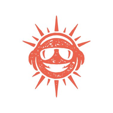 Gülen hippi kırmızı güneş kulaklıklar ve güneş gözlükleri parlak ışık hüzmeleri grunge doku vektör çizimleri. Gülümseyen güneşli yüzlü müzik aşığı. Ses sesinin keyfini çıkar. Yaz tatili tatili izole edilmiş.