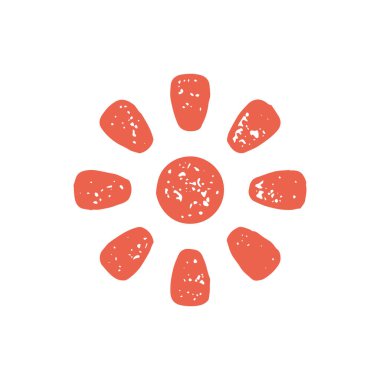 Aydınlatma ışınlarıyla soyut kırmızı güneş minimalist logot tasarımı basit grunge desen vektör çizimi. Güneş banyosu seyahatinin doğal gökyüzü sembolü izole.